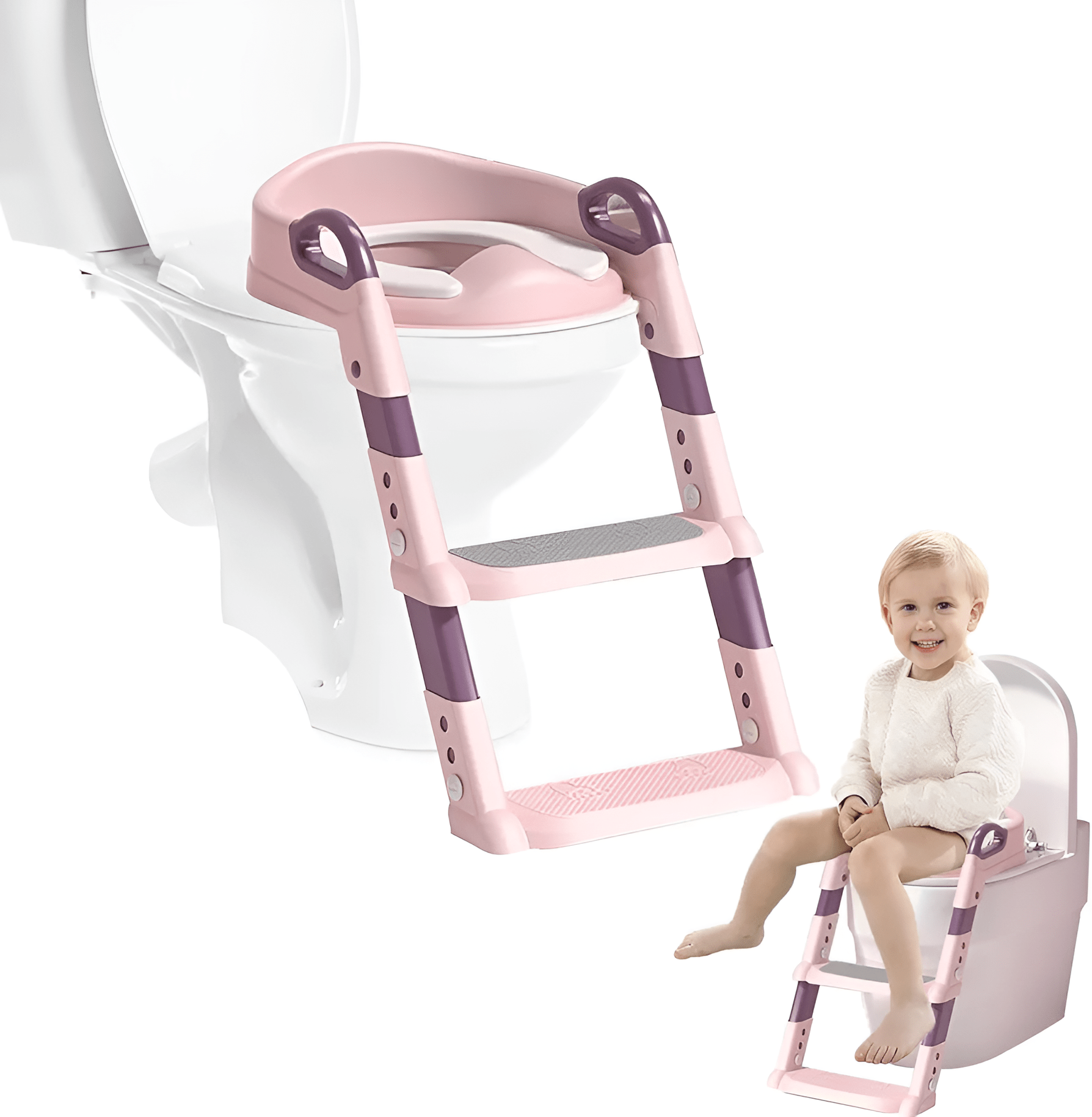 مقعد المرحاض بسلم للأطفال - لون زهري - KIDSBOX