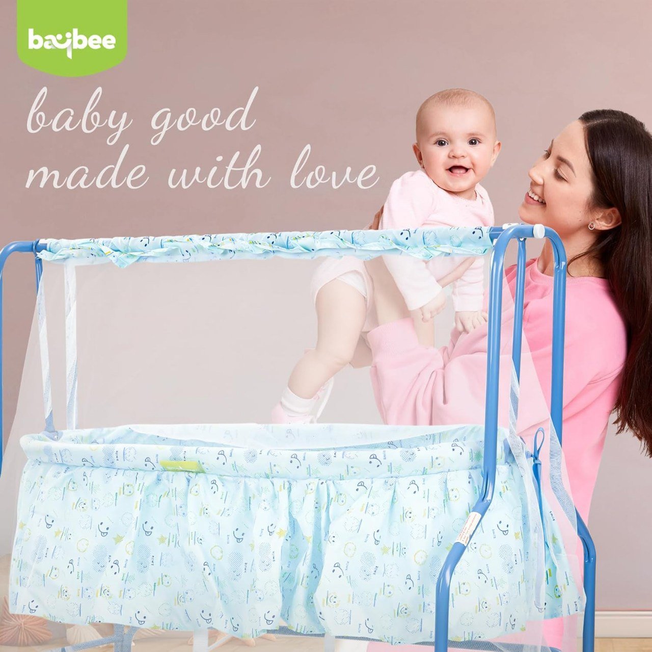 سرير معدني هزاز بناموسية وعجلات - ازرق - NOIA