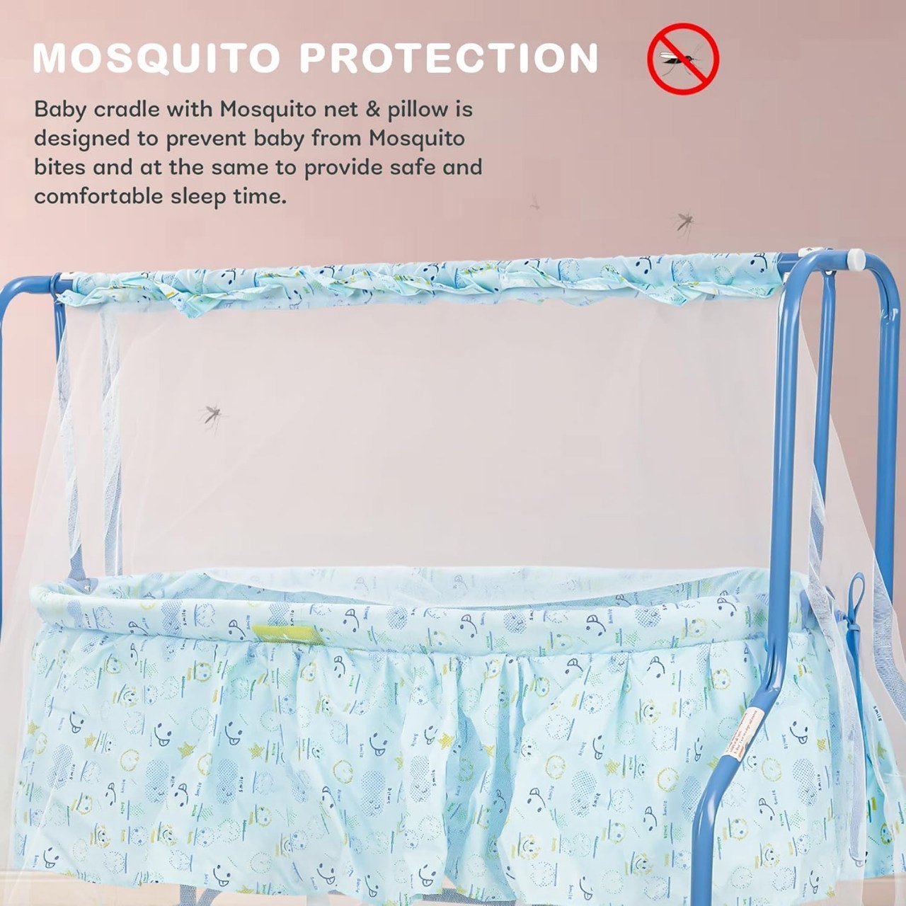 سرير معدني هزاز بناموسية وعجلات - ازرق - NOIA