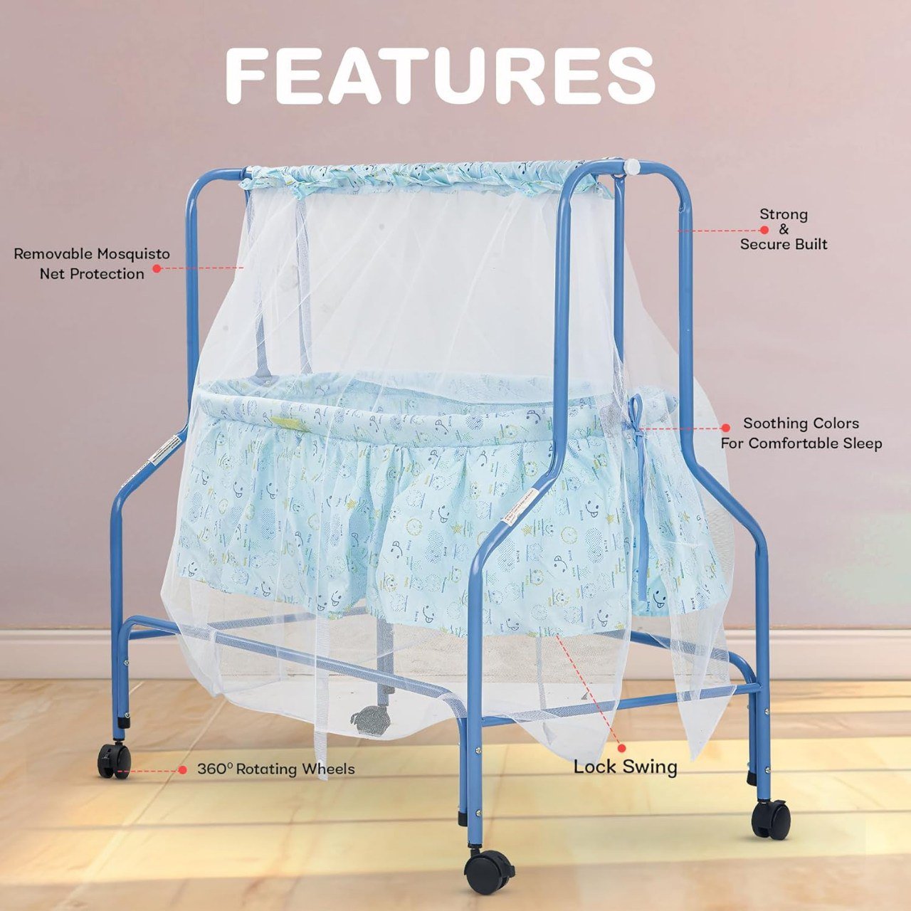 سرير معدني هزاز بناموسية وعجلات - ازرق - NOIA