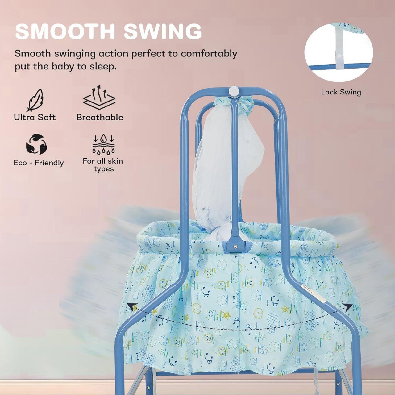 سرير معدني هزاز بناموسية وعجلات - ازرق - NOIA