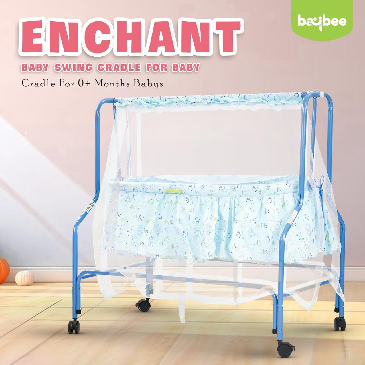 سرير معدني هزاز بناموسية وعجلات - ازرق - NOIA