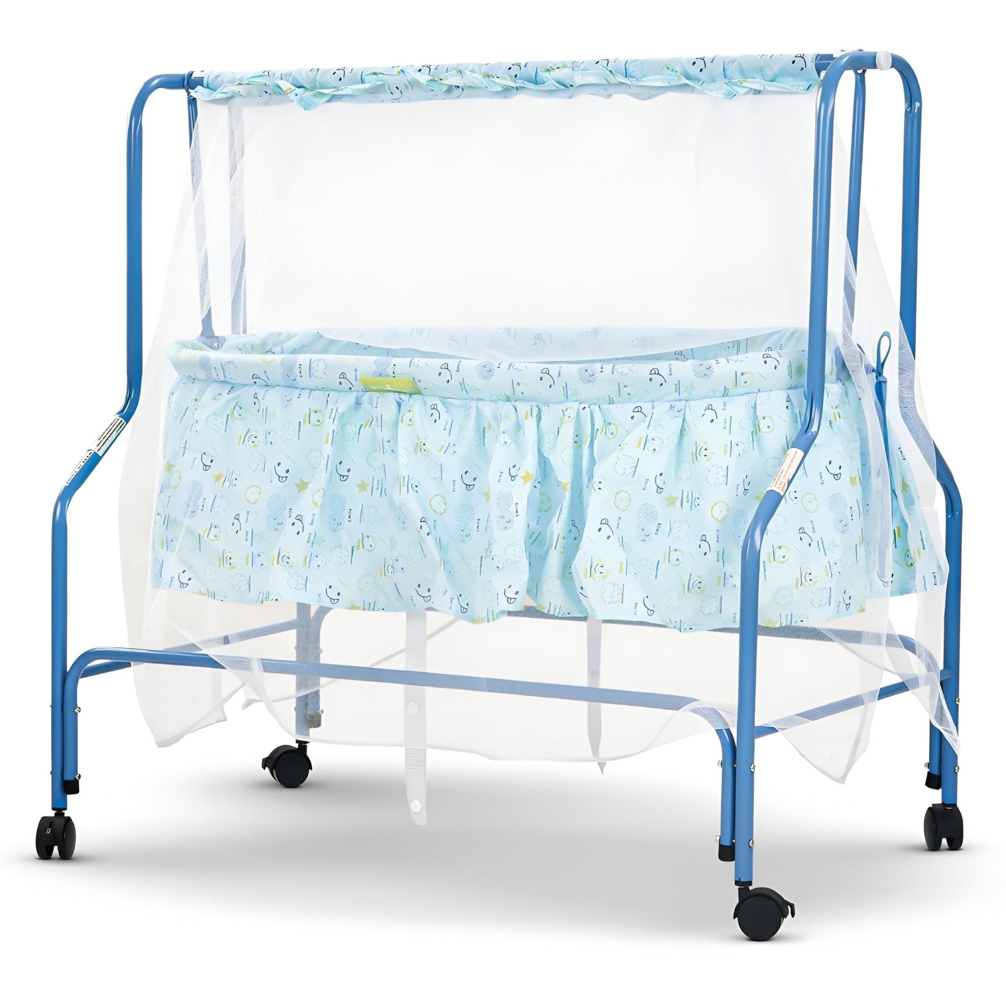 سرير معدني هزاز بناموسية وعجلات - ازرق - NOIA