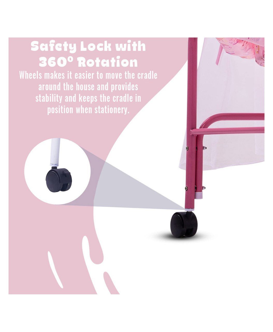 سرير معدني هزاز بناموسية وعجلات - زهري - NOIA