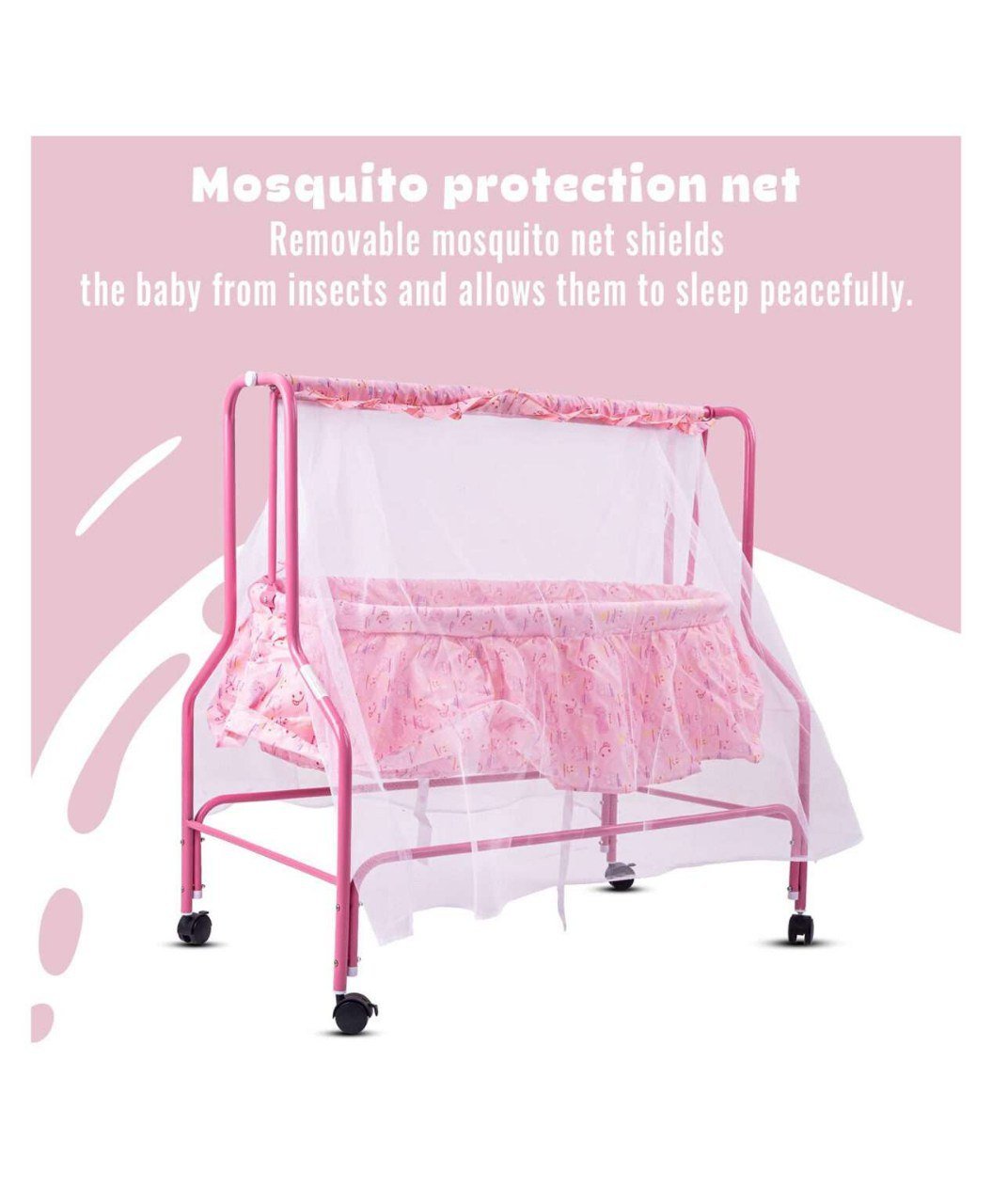 سرير معدني هزاز بناموسية وعجلات - زهري - NOIA