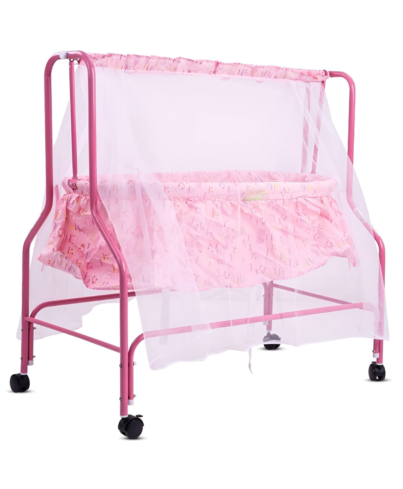 سرير معدني هزاز بناموسية وعجلات - زهري - NOIA