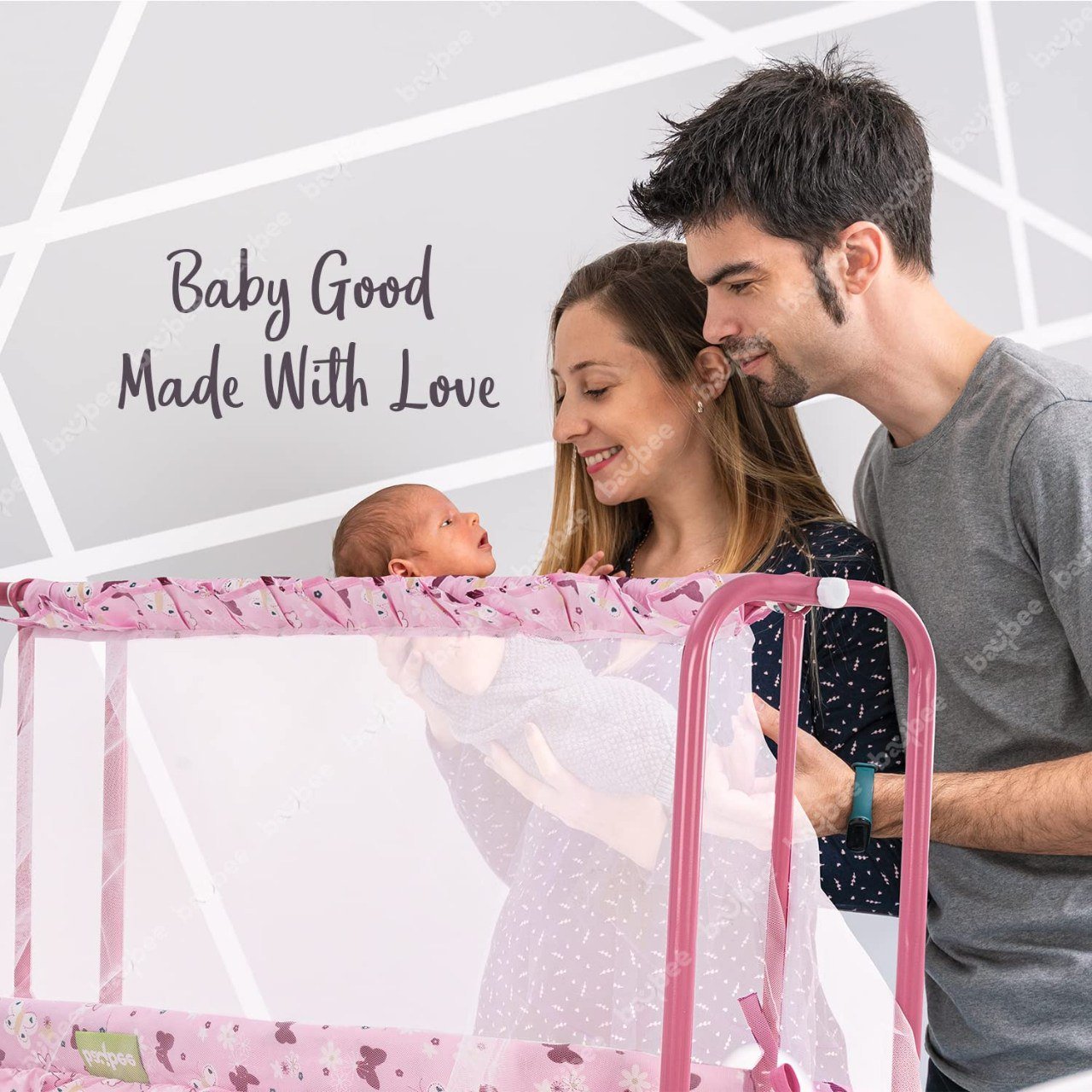 سرير معدني هزاز بناموسية وعجلات - زهري - NOIA